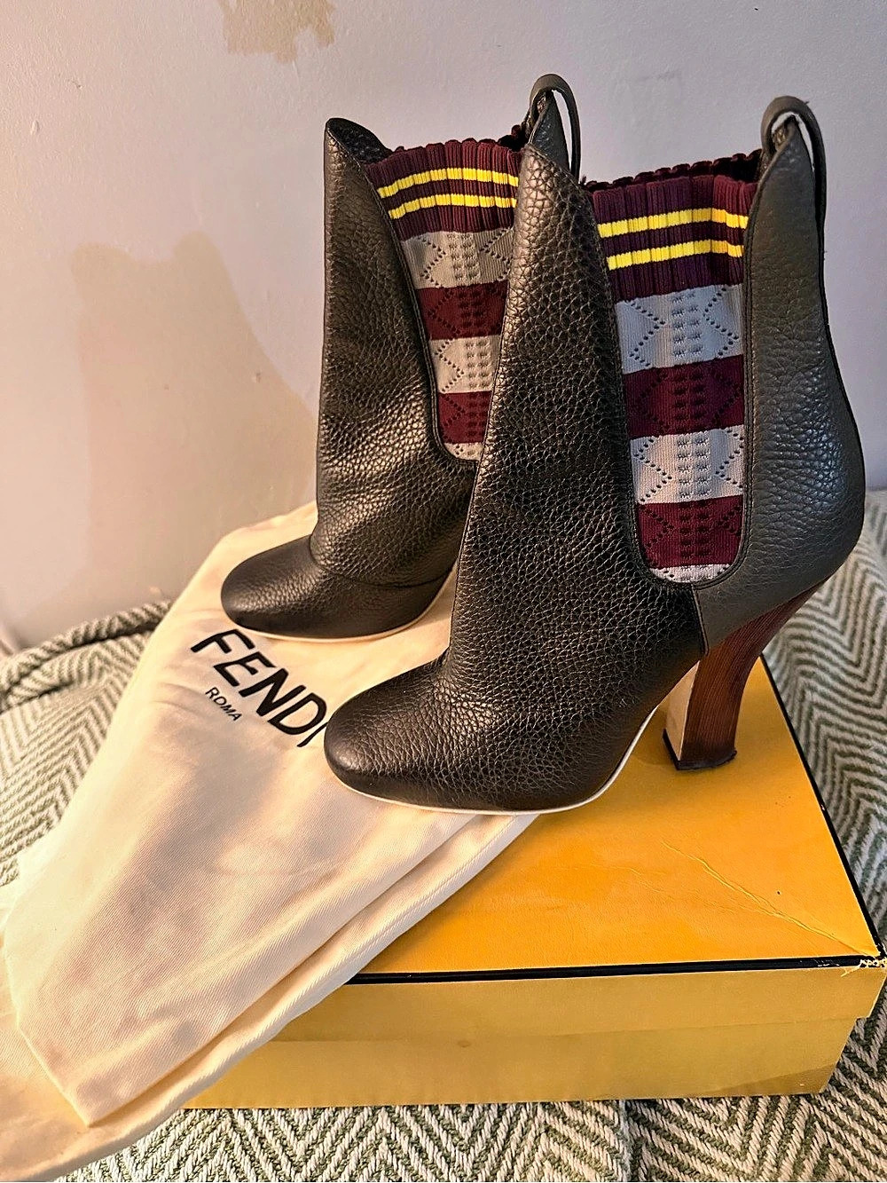 Fendi Marie Antoinette Knit-Panel Leather Ankle Boots